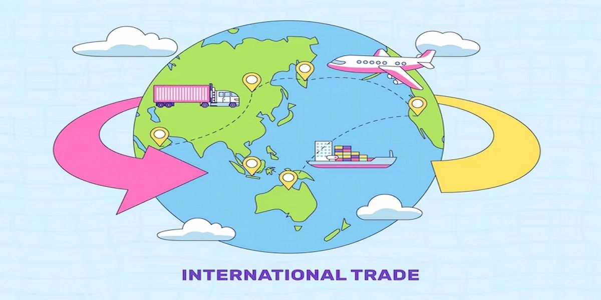 Globe terrestre, moyens de transport nationaux et internationaux (camion, avion, bateau)