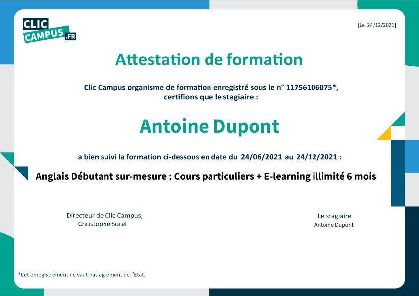 attestation formation anglais dupont