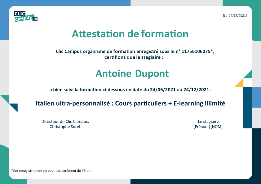 attestation fin formation italien