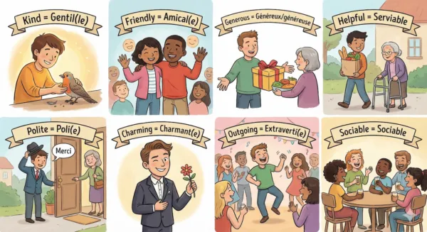 caractères en anglais caractères en anglais : Kind = Gentil(le) Friendly = Amical(e) Generous = Généreux/généreuse Helpful = Serviable Polite = Poli(e) Charming = Charmant(e) Outgoing = Extraverti(e) Sociable = Sociable