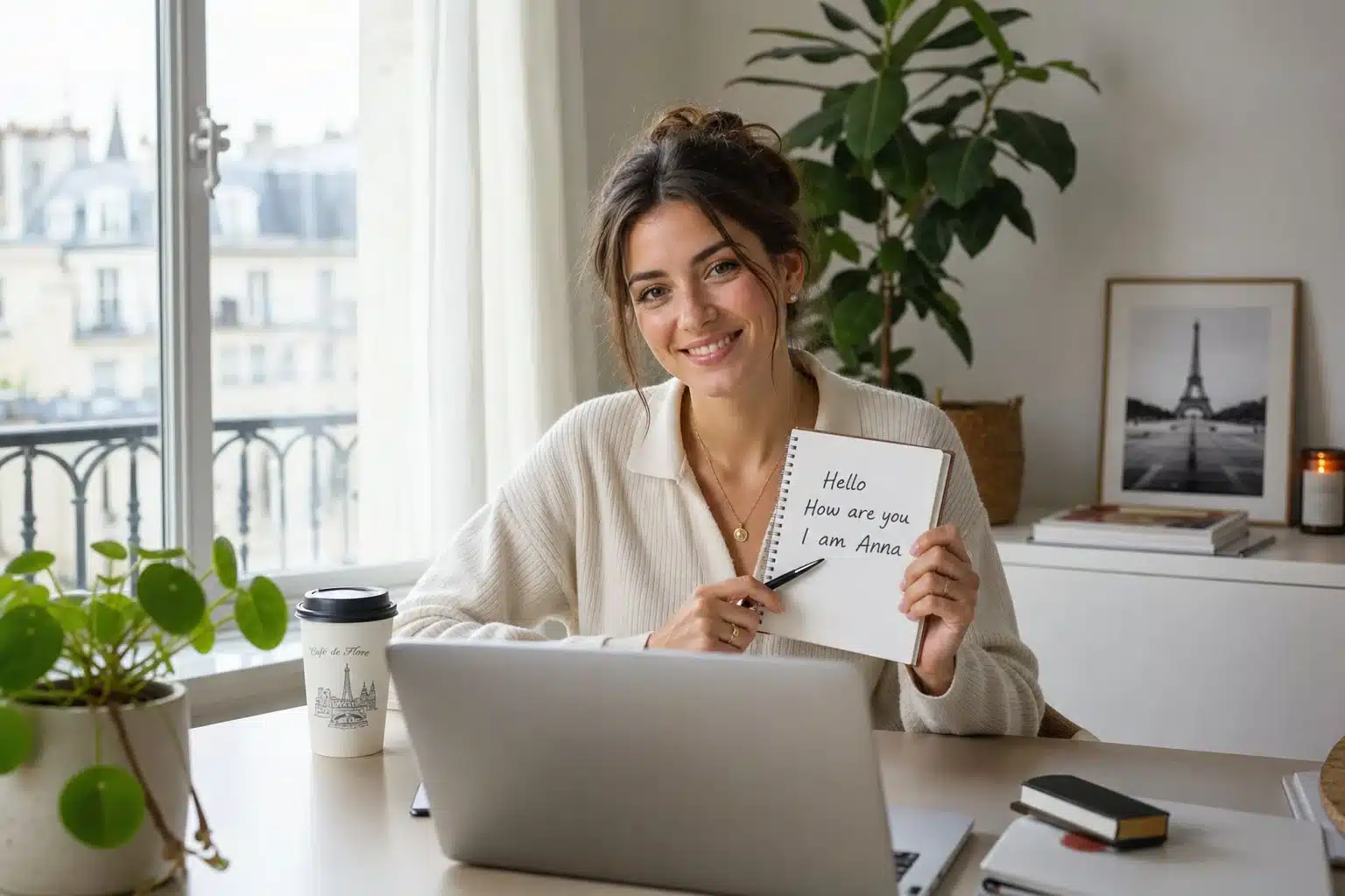 Cours d'anglais niveau A1 en visio avec Clic Campus, apprenante débutante prend des notes Hello, How are you, I am Anna