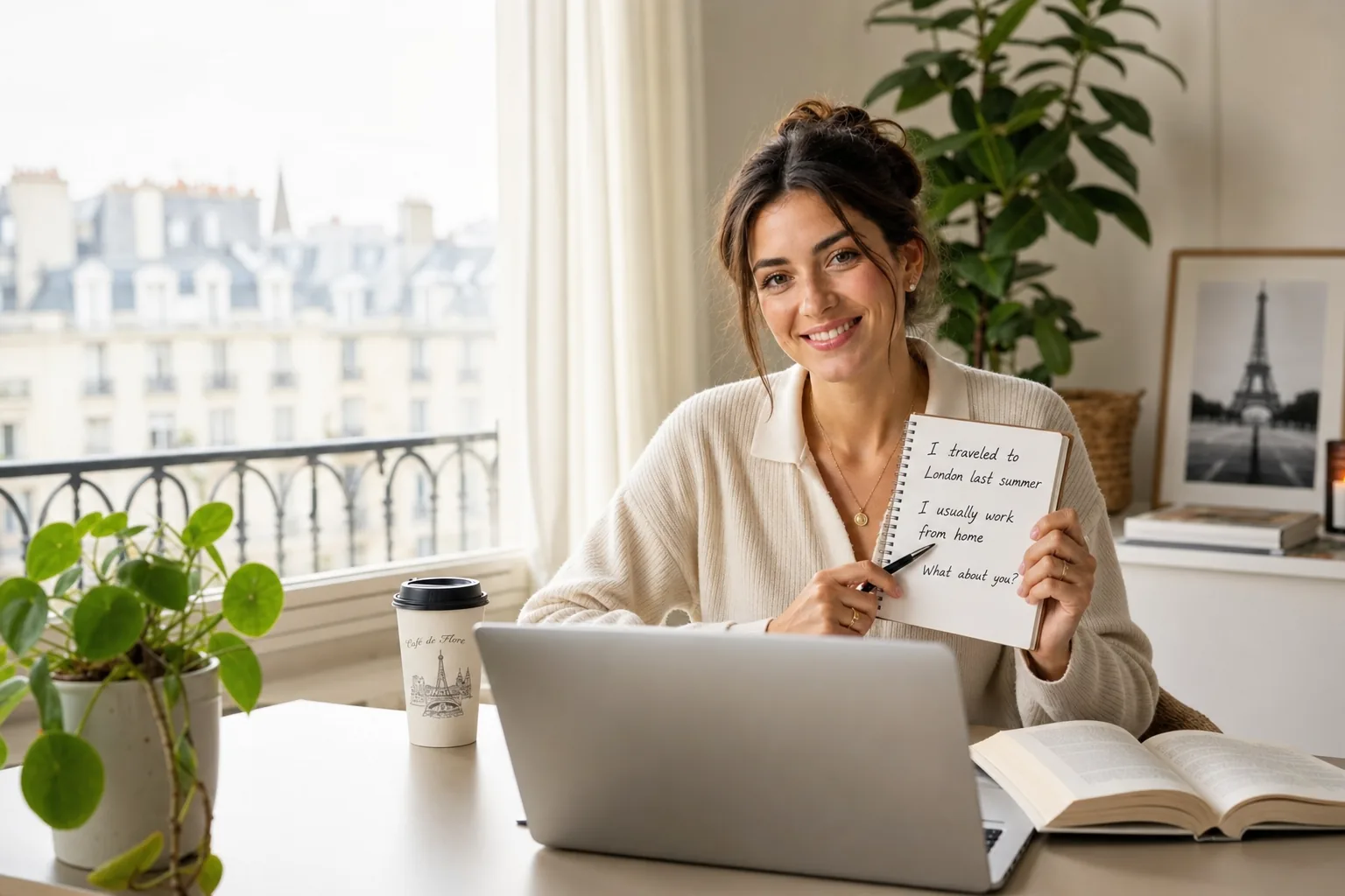 Cours d'anglais niveau B1 en visio avec Clic Campus, apprenant en échange professionnel court avec un client international, prise de notes sur un ordinateur portable