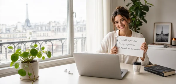 Cours d'anglais niveau B2 avec Clic Campus, cadre en réunion professionnelle anglophone présentant un projet et négociant un point d'accord