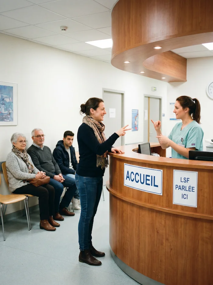Secrétaire médicale formée à la LSF échangeant avec une patiente sourde à l'accueil
