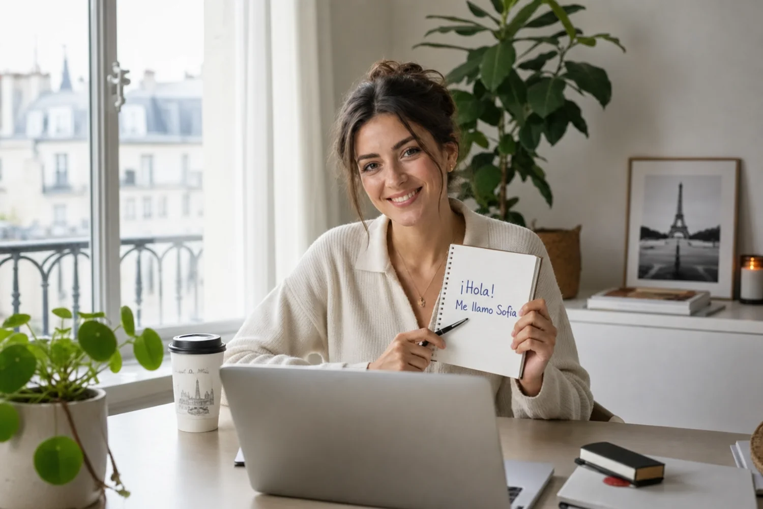 Cours d'espagnol niveau A1 en visio avec Clic Campus, apprenante débutante prend des notes : Me llamo Ana, Buenos días, ¿Cómo te llamas?