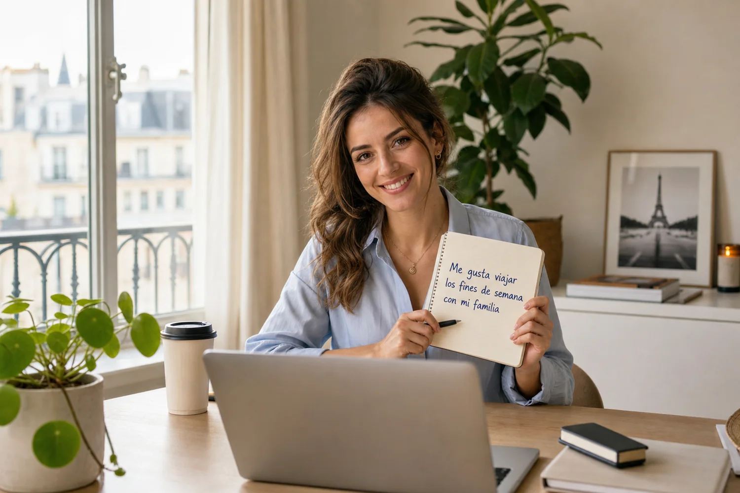 Cours d'espagnol niveau A2 en visio avec Clic Campus, apprenante prend des notes : Ayer fui al mercado, Me gustaría reservar una mesa