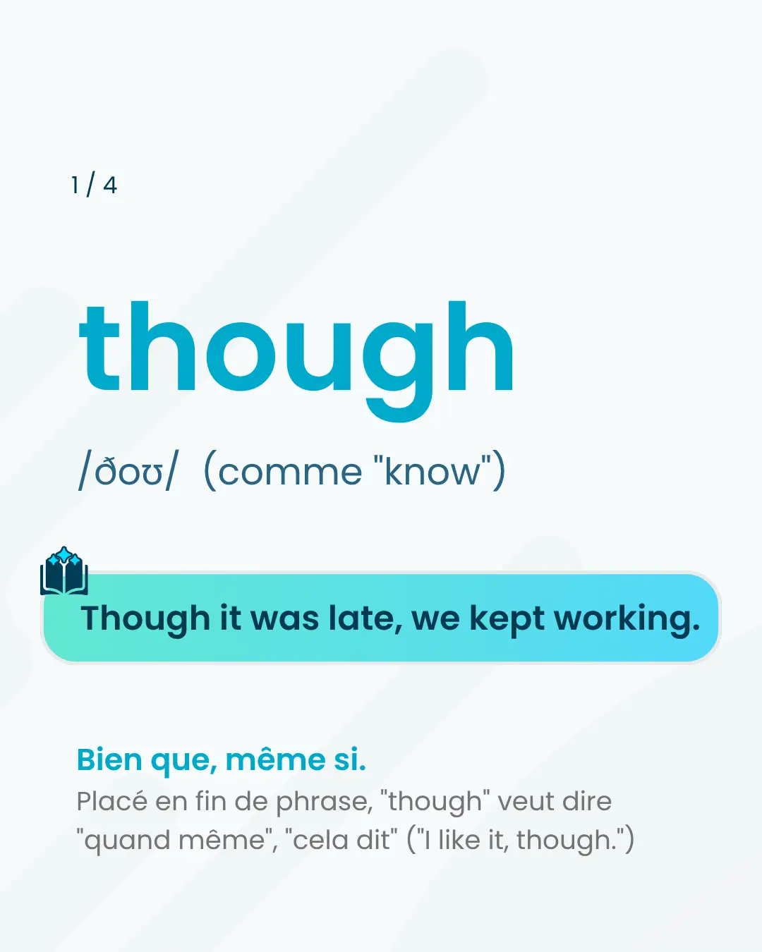 Carte pédagogique du mot anglais though, prononcé /ðoʊ/ comme know, avec l'exemple Though it was late, we kept working et sa traduction bien que, même si