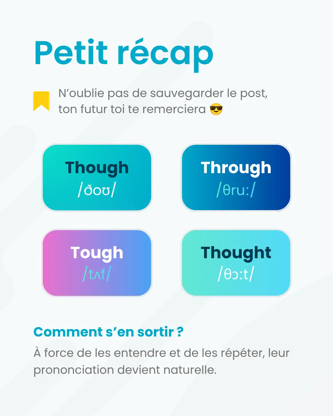 Récapitulatif visuel des quatre prononciations though, through, tough et thought avec leur transcription phonétique, à sauvegarder pour réviser